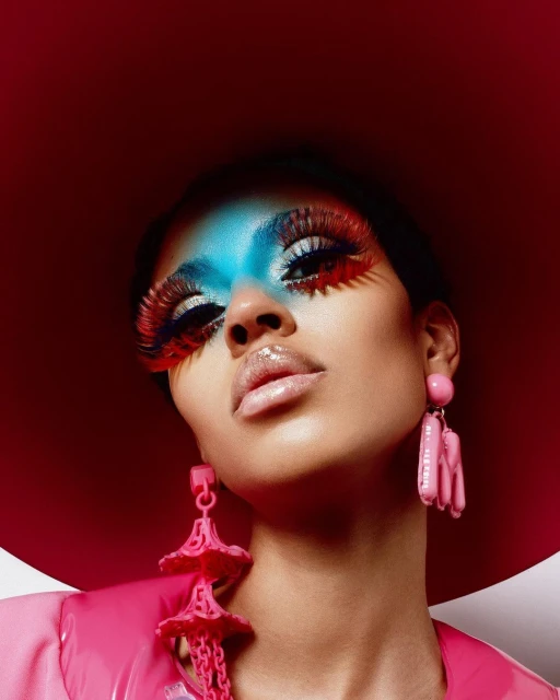 Close-up portrait of a woman with bold blue and red makeup, dramatic lashes, glossy lips, pink earrings, and a pink hat against a neutral background.
