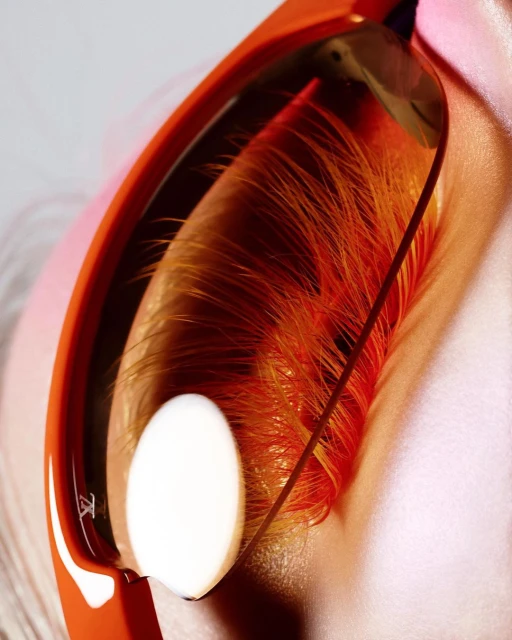 Close-up of red sunglasses with orange hair-like fibers inside the lens; LV logo visible on the frame. Fashionable eyewear.