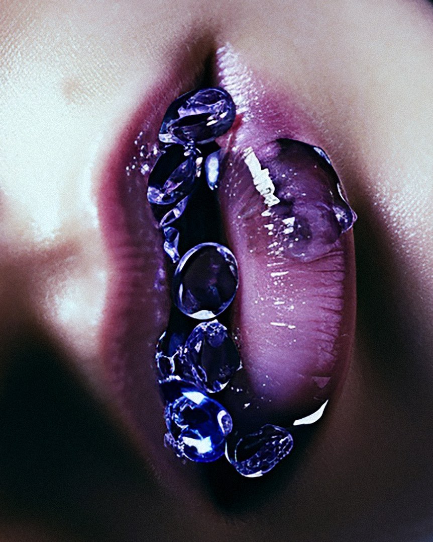 Macro shot featuring a person's lips adorned with clear, blue-tinted water droplets, creating a sensual and artistic beauty image.