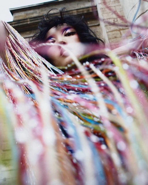 Eye-level close-up of a woman with dark hair and purple eyeshadow, framed by a colorful, shimmering fringe, in front of a building.