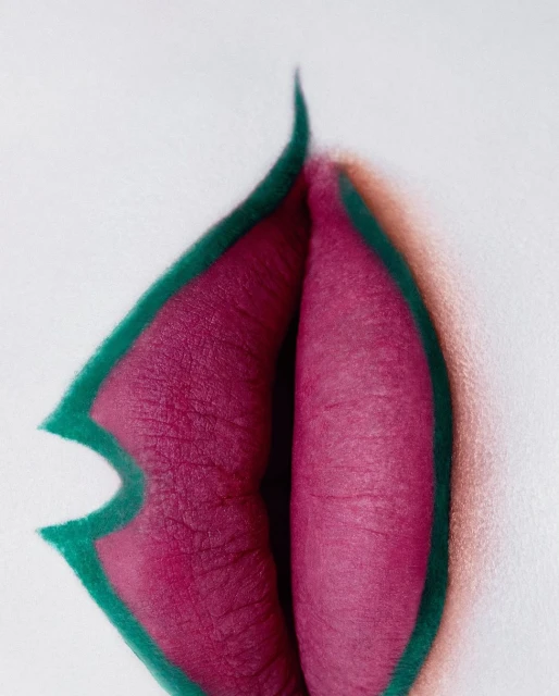 Close-up shot of female lips with bright pink lipstick and vivid green lip liner on a clean, bright white background.