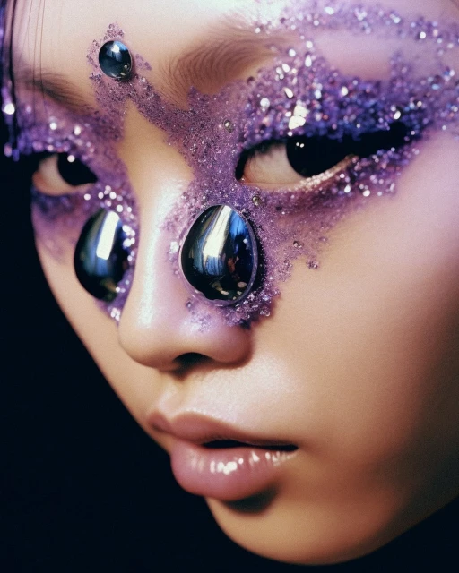 Close-up of a woman's face with glittery purple makeup around her eyes, glossy lips, and decorative metallic droplets.