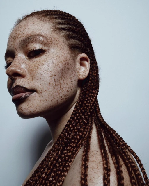 Portrait of a freckled woman with auburn braids, posing in front of a pale background with a shallow depth of field.