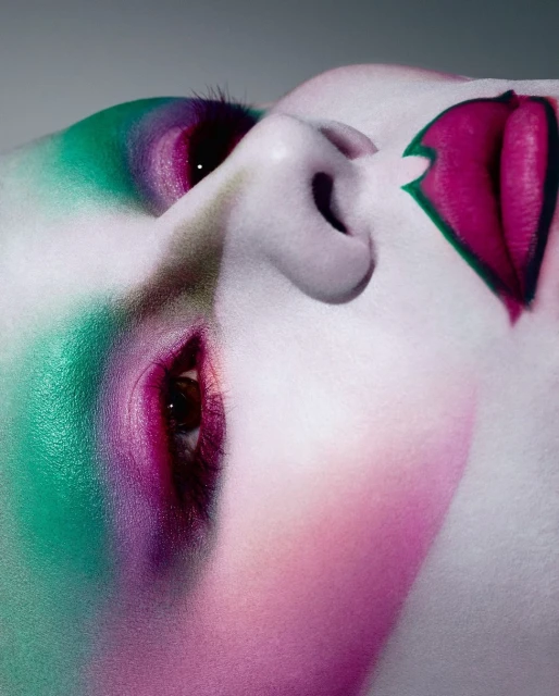 Close-up portrait of a woman's face with vibrant green, pink, and purple makeup, face angled upwards, creating an ethereal, artistic aesthetic.