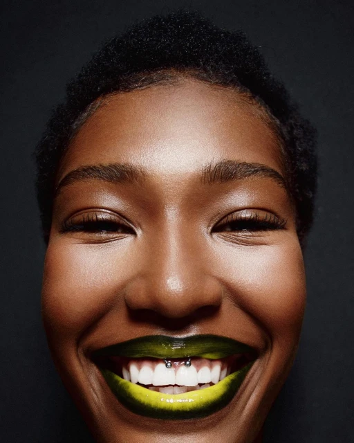 Close-up portrait of a smiling African-American woman with a tooth piercing and vibrant yellow-green lipstick against a dark gray background.