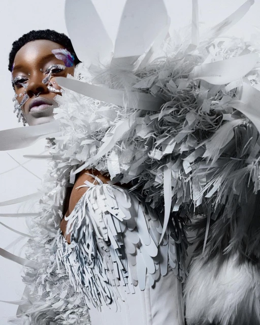 Striking portrait of a Black woman with creative silver makeup and an elaborate costume of white paper and feathers against a white backdrop.