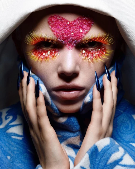 Close-up portrait of a woman with dramatic makeup featuring a heart on her forehead, long eyelashes, and dark blue nail extensions.