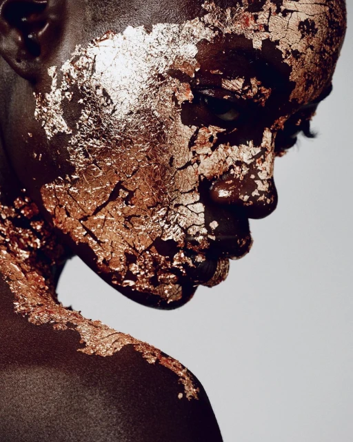 Portrait of a dark-skinned person with gold leaf applied to their face and upper chest, posing against a light background in studio lighting.