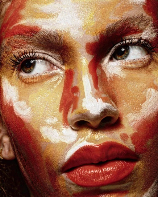 Close-up portrait of a woman with red lipstick and red, white, and gold paint on her face, angled view of eyes and face.