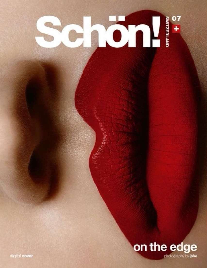 Close-up of a woman's face featuring red lips and a magazine cover for Schön! Switzerland, with a focus on beauty and fashion.