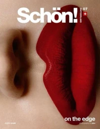 Close-up macro portrait of skin with prominent red lips and an ear, featuring bold Schön! magazine typography.