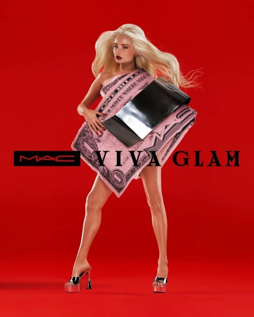 Blonde fashion model in a pink one-dollar bill dress and platform heels posing against a vibrant red background for a MAC Viva Glam advertisement.