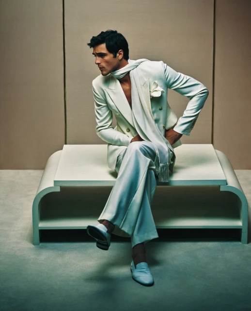 Man in a cream-colored suit and scarf seated on a platform, looking left. Fashion shot in front of a neutral studio backdrop.
