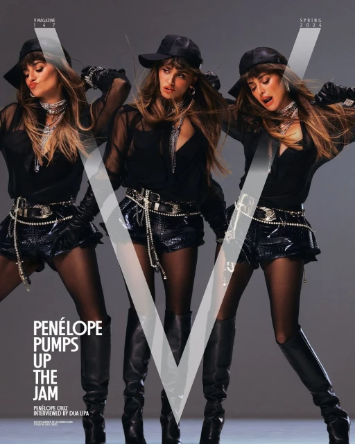 V Magazine cover featuring Penelope Cruz in a black outfit, striking dynamic poses with black hat, gloves, boots, and jewelry.