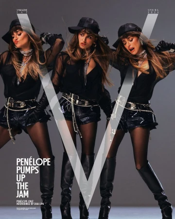 V Magazine cover featuring Penelope Cruz in a black outfit, striking dynamic poses with black hat, gloves, boots, and jewelry.