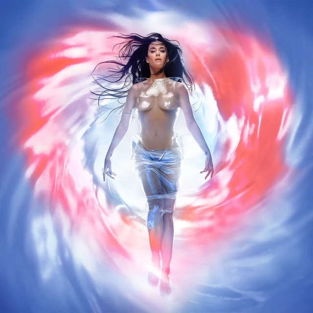 Woman with black hair is center frame against a background of swirling red, white, and blue colors in a beauty style image.