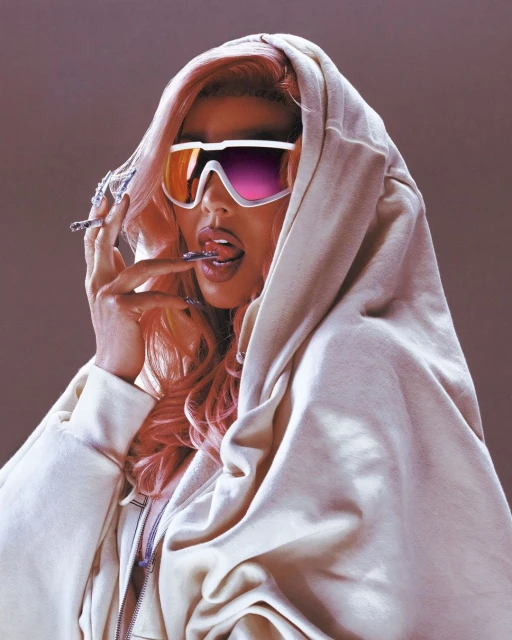 Woman with pink hair in a hoodie and futuristic sunglasses is biting a ring and holding a cigarette, posing indoors.