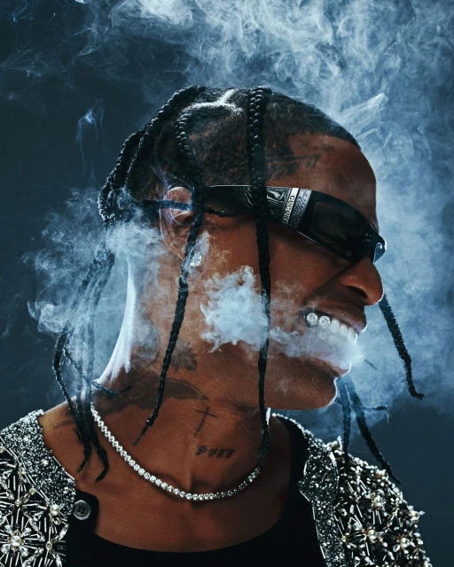 Close-up of a male model with braids, diamond jewelry, and sunglasses surrounded by white smoke, against a dark gray backdrop.