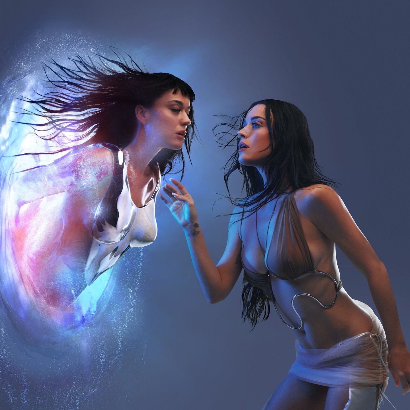 Two women with dark hair, one seemingly ethereal, face each other in a surreal, ethereal setting with a blue and white colour palette.