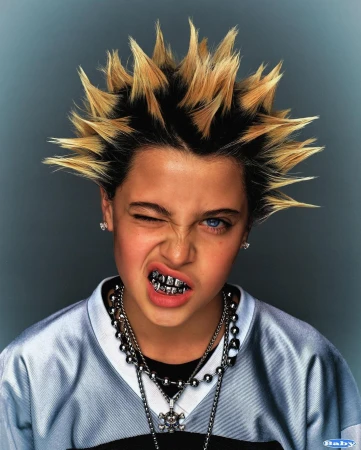 A young child with spiky hair, silver teeth grills, and multiple necklaces poses indoors, winking with one eye closed in a studio shot.
