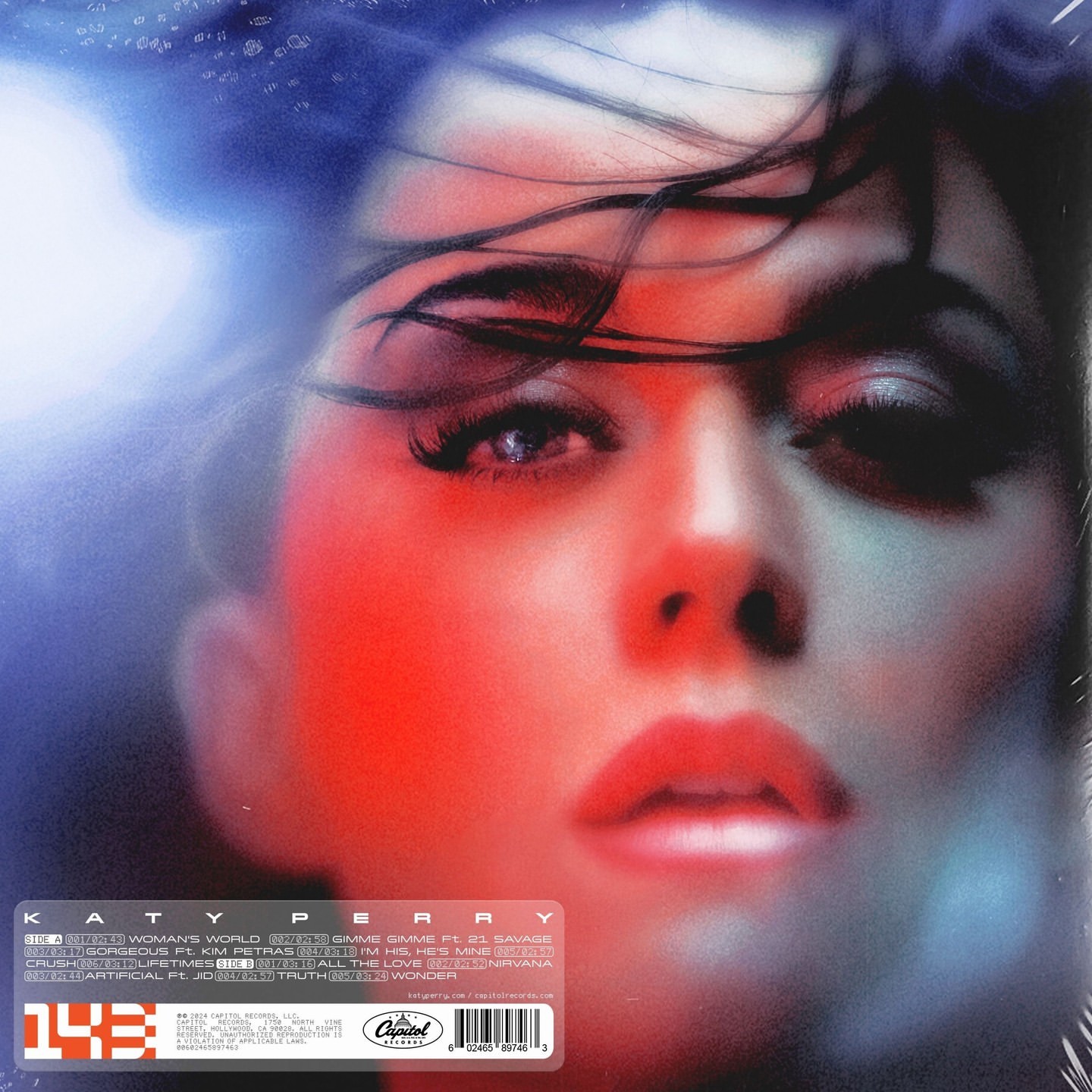 Close-up portrait of Katy Perry with a surreal, dreamy aesthetic featuring diffused red and blue lighting for a music album cover.