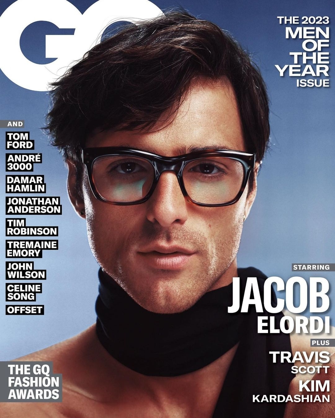 GQ magazine cover featuring Jacob Elordi, Men of the Year issue, against a gradient blue backdrop, focusing on fashion and celebrity.