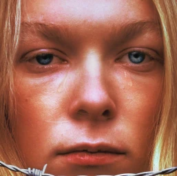 Close up portrait of a blonde person with blue eyes and tears on cheeks behind barbed wire, shot by Jack Bridgland.
