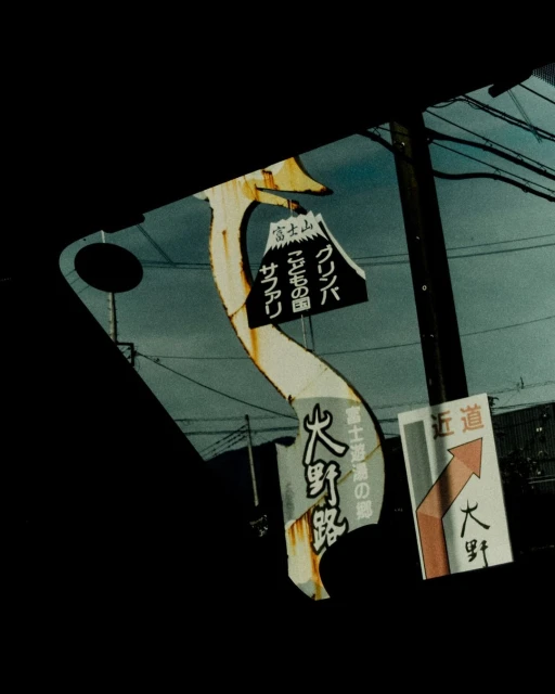 Vintage photograph showcases weathered Japanese signage along a roadside, reflecting a sense of travel and cultural exploration.