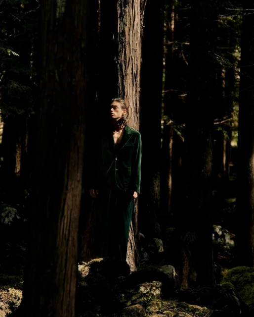 A man in a green velvet suit stands among tall trees in a forest, captured with natural light casting dramatic shadows.