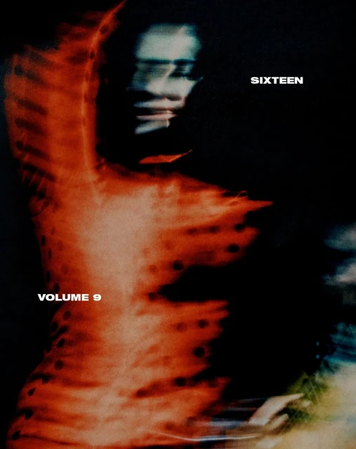 Abstract fashion photo of a person in a blurry red dress, set against a dark background, with text 'SIXTEEN VOLUME 9'.