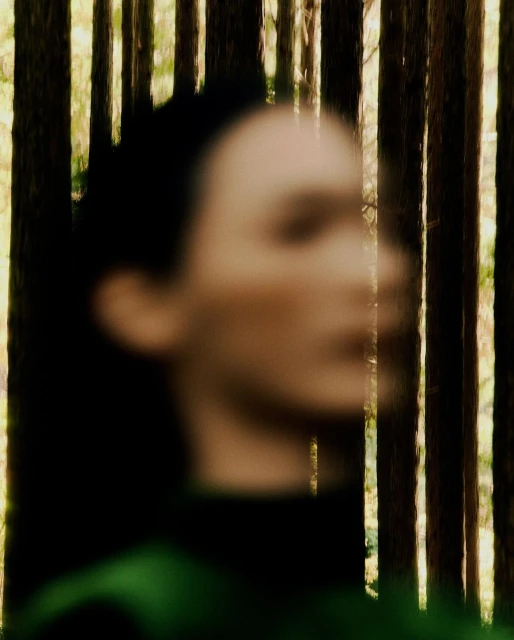 Woman portrait with blurred face, stands behind silhouetted trees in a forest-like setting. Soft focus aesthetic adds a dreamy quality.