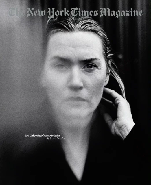 Black and white portrait of actress Kate Winslet on the cover of The New York Times Magazine, with a blurred figure in the foreground.