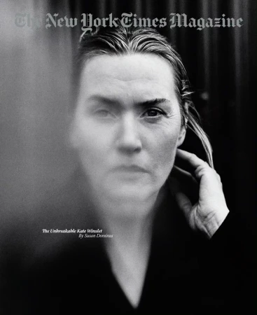 Black and white portrait of actress Kate Winslet on the cover of The New York Times Magazine, with a blurred figure in the foreground.