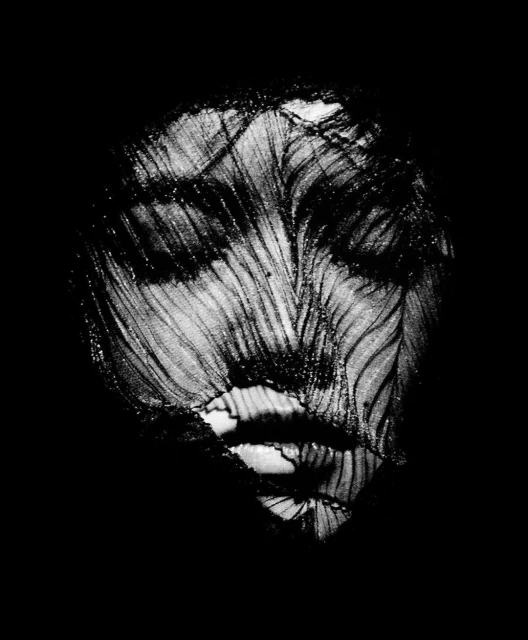 Monochrome portrait of a woman's face, partially obscured by a veil-like material, set against a stark black backdrop, creating an ethereal aesthetic.