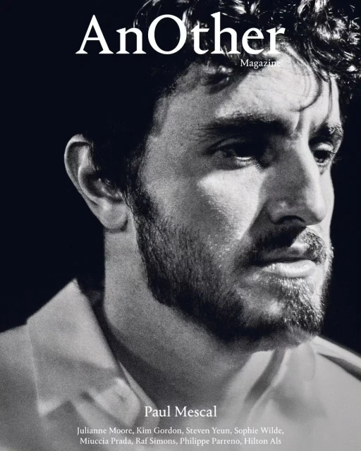 Black and white portrait of Paul Mescal on the cover of AnOther Magazine, featuring a close-up shot of his face and shoulder.
