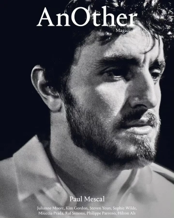 Black and white portrait of Paul Mescal on the cover of AnOther Magazine, featuring a close-up shot of his face and shoulder.