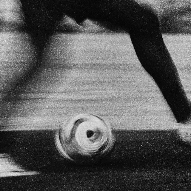 Black and white photo of a soccer ball in motion on a field, with a person's leg and foot visible in the background.