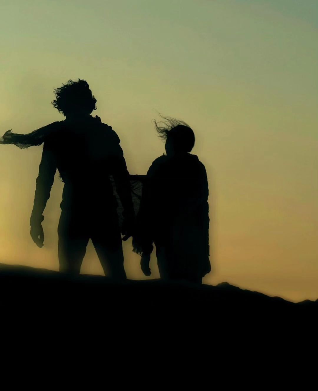 Silhouette of a couple holding hands on a hilltop against a muted sunset sky with yellow and blue hues blending together. 