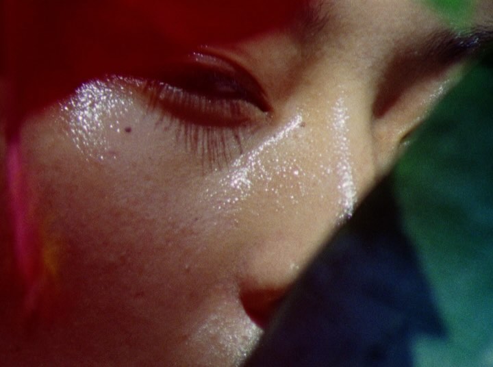 Close-up portrait of a person's face featuring glowing skin, visible eyelashes, and surrounding blurred colors of red, green, and blue.