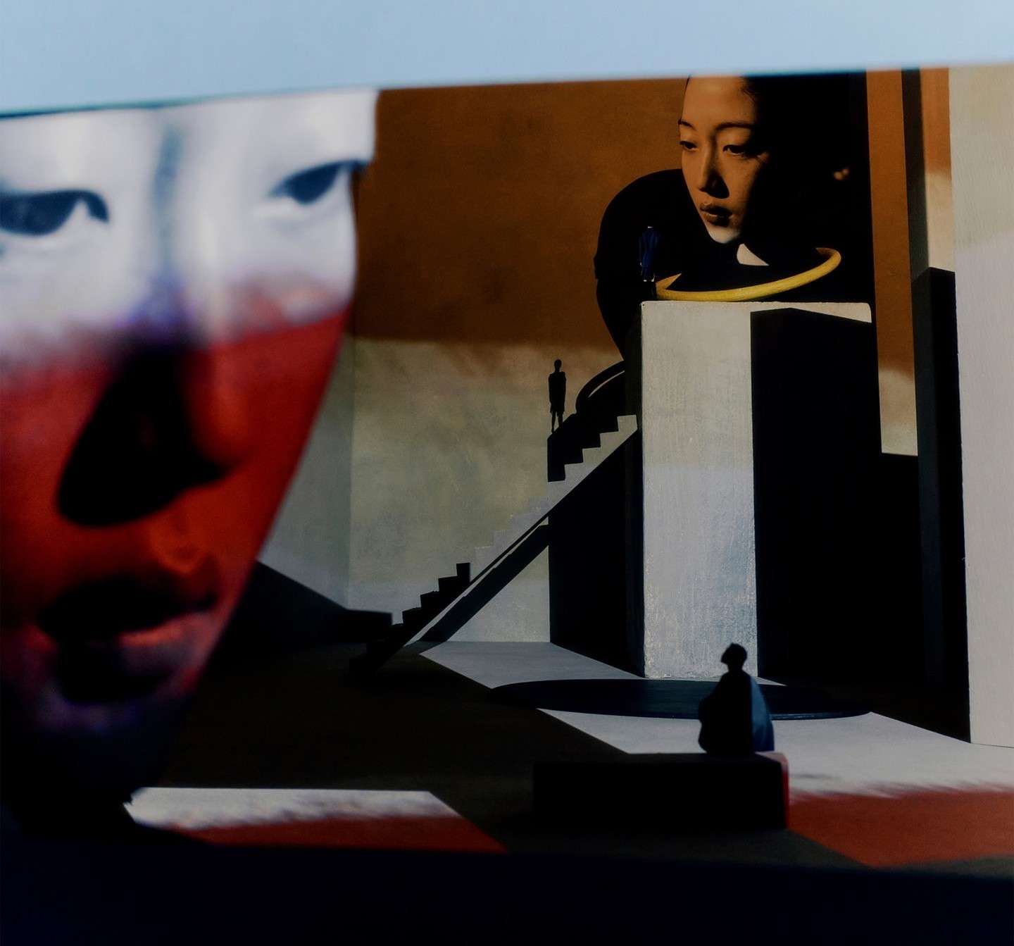 Surreal digital painting with an Asian woman's face, silhouetted figures, geometric stairs, and a contrasting red color block.