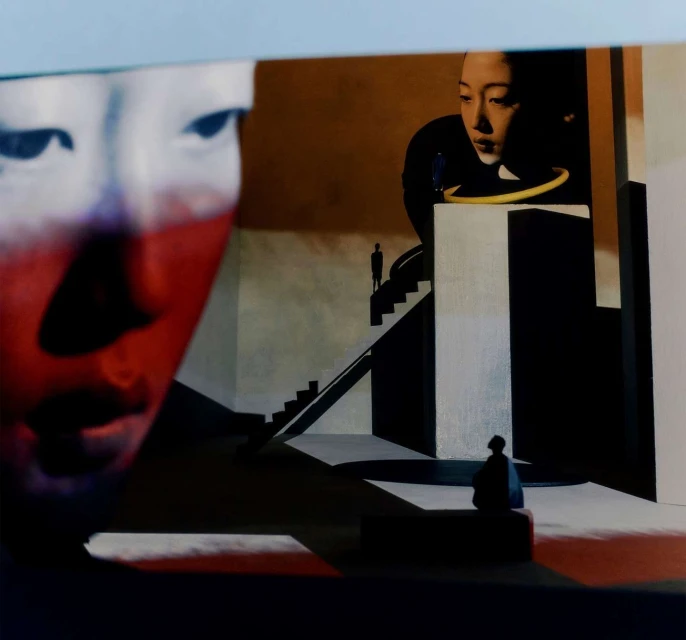 Surreal digital painting with an Asian woman's face, silhouetted figures, geometric stairs, and a contrasting red color block.