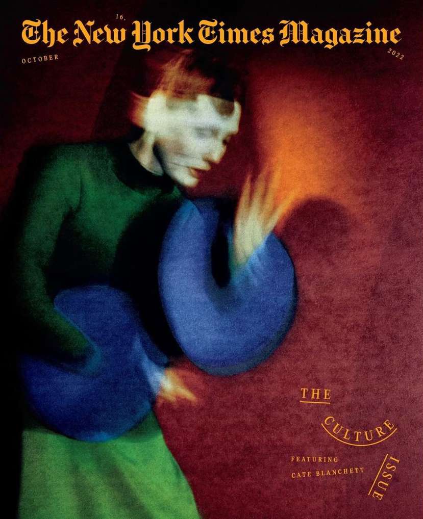 Magazine cover featuring a blurred figure in green with a blue object against a textured red background, for The New York Times Magazine.