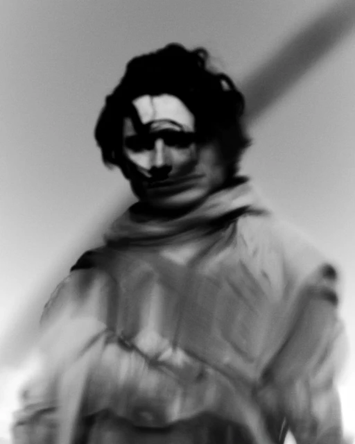 Black and white blurred portrait of a person in neutral clothing, captured with artistic blur. The image conveys an intimate mood.