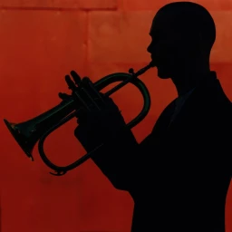 Silhouette of a man playing a trumpet against a warm orange textured wall by photographer Jack Davison