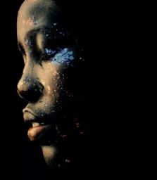 Close-up profile portrait of a black woman with blue and copper metallic foil flakes scattered across her face in deep shadow