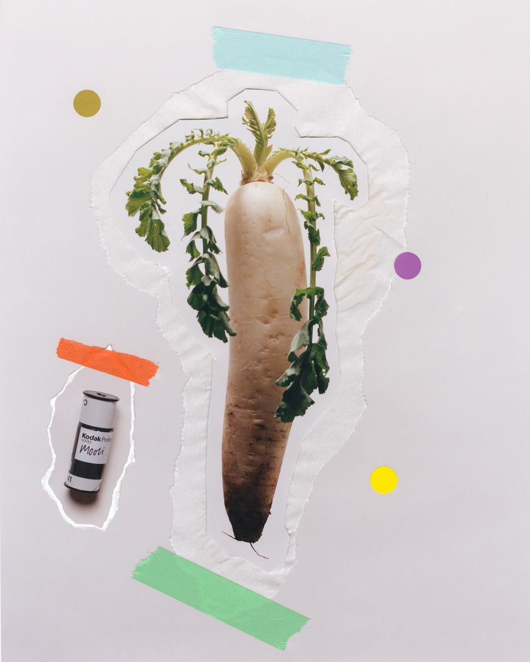 Daikon radish art collage on white with colorful tape, food photography, white background, green leafy vegetables, film canister.