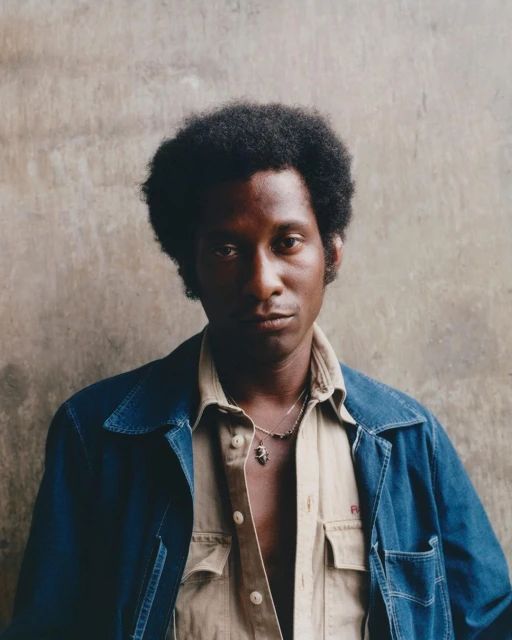 Portrait of an African-American male in a denim jacket and tan shirt, posing in front of a textured grey wall. The shot is medium-range.