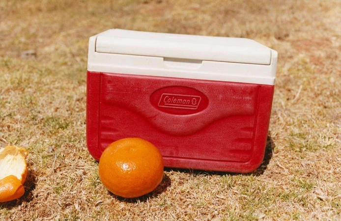 A red and white Coleman cooler sits on brown grass next to an orange and a peeled orange rind outdoors in bright sunlight.
