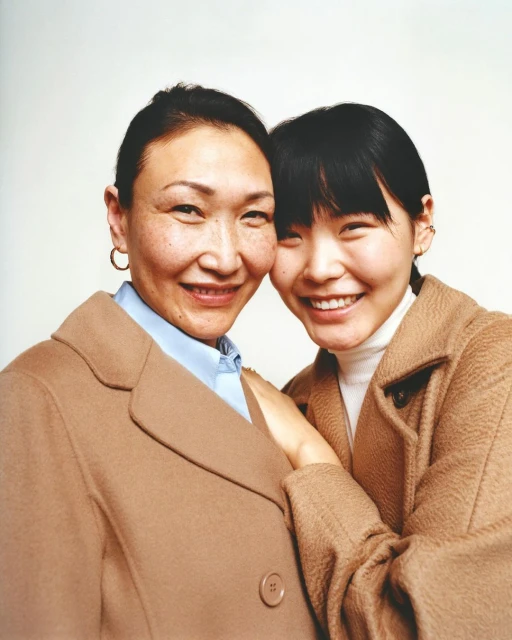 Portrait of two smiling Asian women in tan coats. The woman on the left has gold hoop earrings and a light blue button-down shirt.