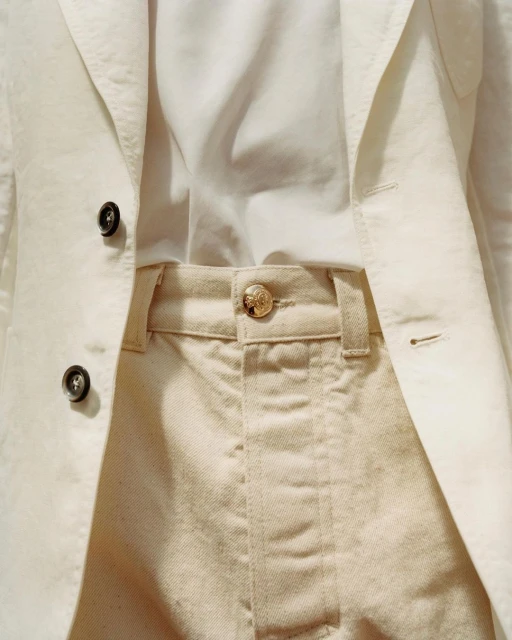 Close-up of a blazer, shirt, and pants combination, showcasing a light-colored, fashionable outfit for a sophisticated or casual look.